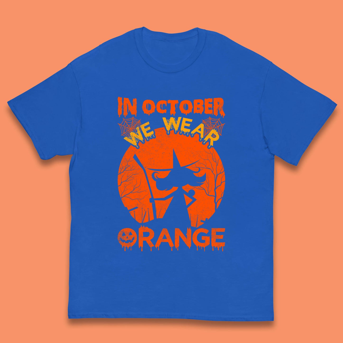 In October We Wear Orange Funny Quote Scary Witch With Broom Halloween Costume October Festive Kids T Shirt