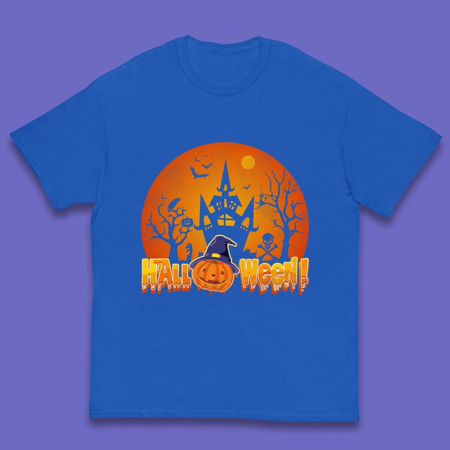 Halloween Pumpkin Witch Hat Haunted Castle Flying Bats Skull Bones Scary Dark Night Kids T Shirt