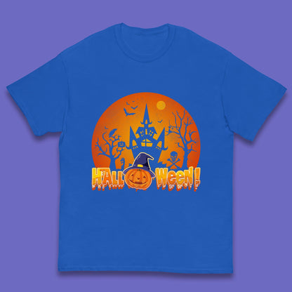 Halloween Pumpkin Witch Hat Haunted Castle Flying Bats Skull Bones Scary Dark Night Kids T Shirt