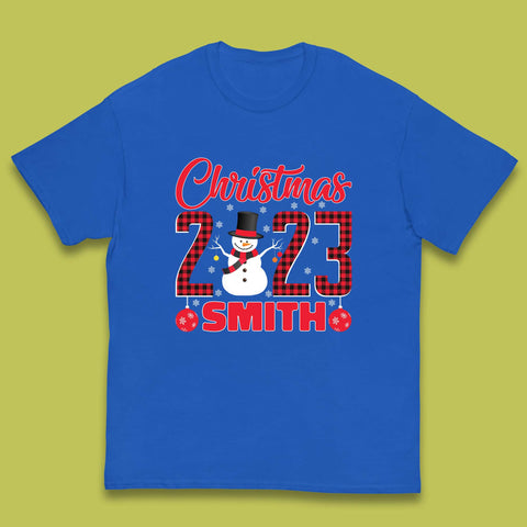 Personalised Christmas 2023 Your Name Snowman Buffalo Plaid Xmas Kids T Shirt