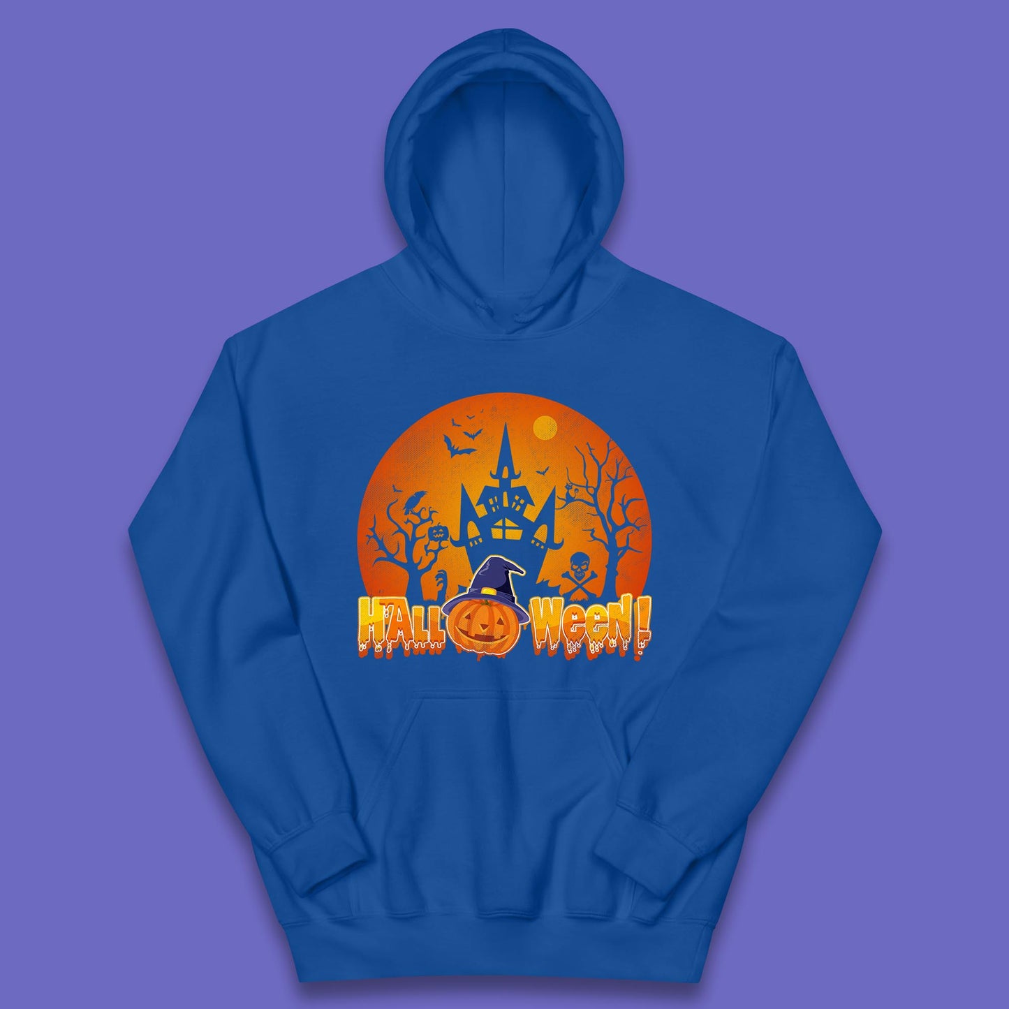Halloween Pumpkin Witch Hat Haunted Castle Flying Bats Skull Bones Scary Dark Night Kids Hoodie