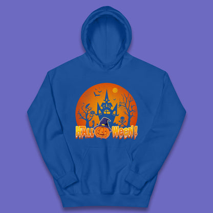 Halloween Pumpkin Witch Hat Haunted Castle Flying Bats Skull Bones Scary Dark Night Kids Hoodie