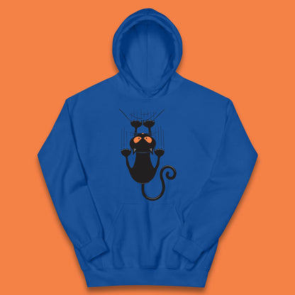 Black Cat Cartoon Scratching Climbing Wall Halloween Horror Scary Black Cat Spooky Season Kids Hoodie