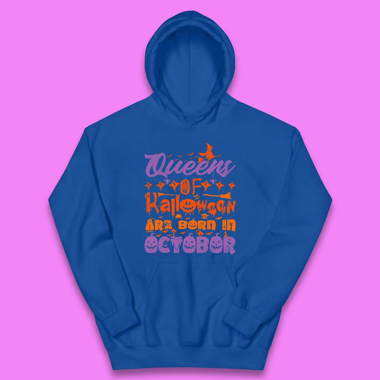 Queens Of Halloween Are Born In October Halloween Witch Birthday Party Kids Hoodie