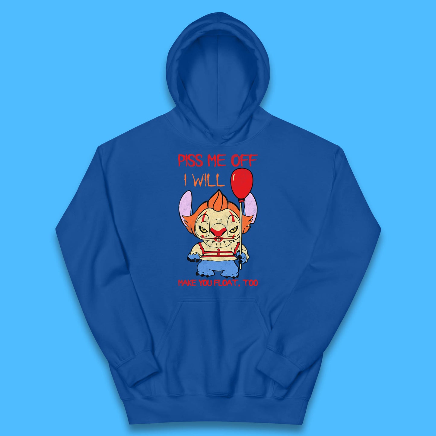 Piss Me Off I Will Make You Float, Too Halloween IT Pennywise Clown & Disney Stitch Movie Mashup Parody Kids Hoodie