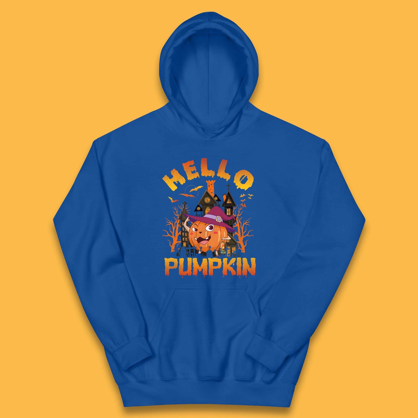 Hello Pumpkin Cartoon Halloween Pumpkin With Witch Hat Devil Smile Haunted Castle Kids Hoodie