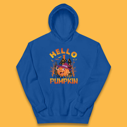 Hello Pumpkin Cartoon Halloween Pumpkin With Witch Hat Devil Smile Haunted Castle Kids Hoodie