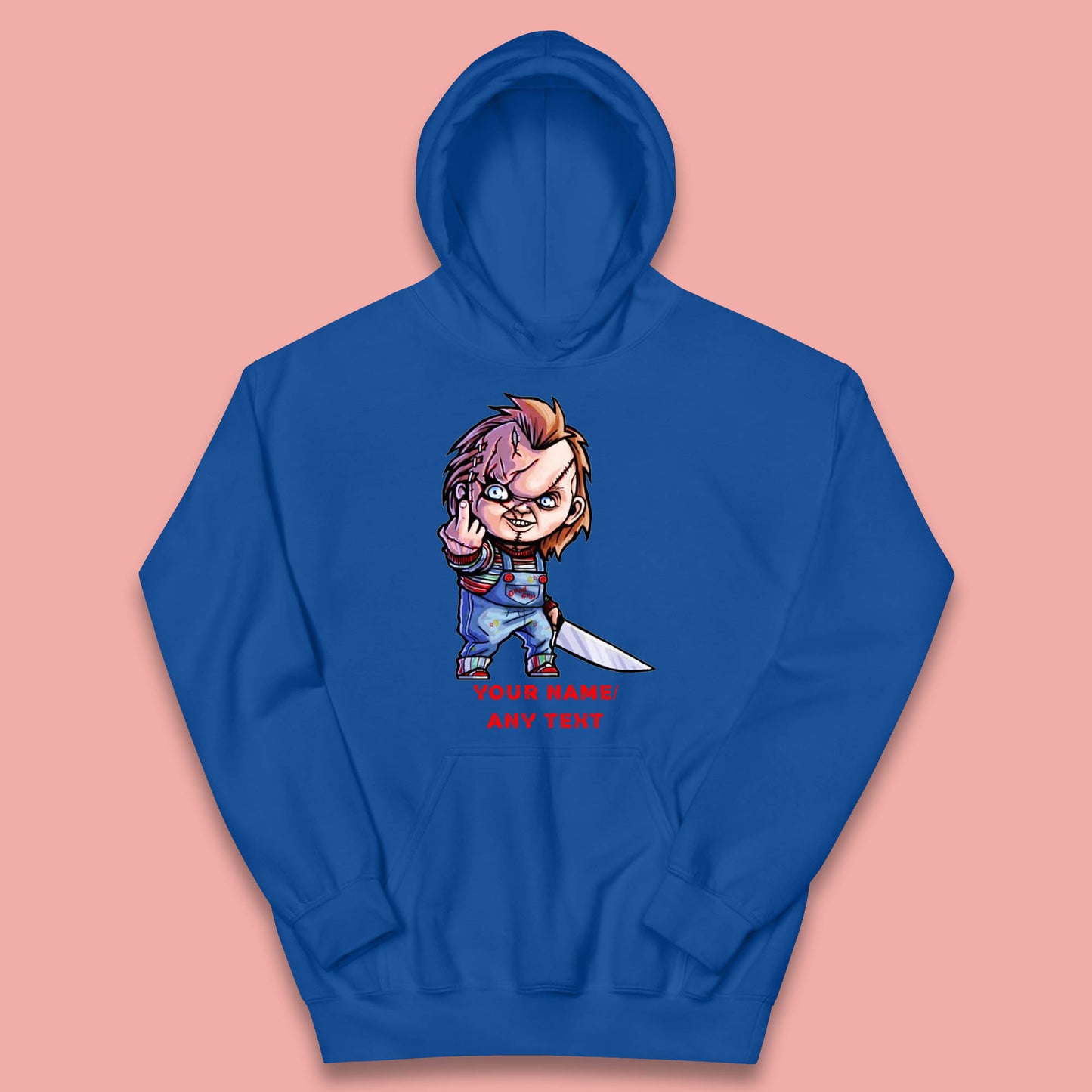 Personalised Chucky With Knife Your Name Or Text Halloween Horror Movie Character Kids Hoodie