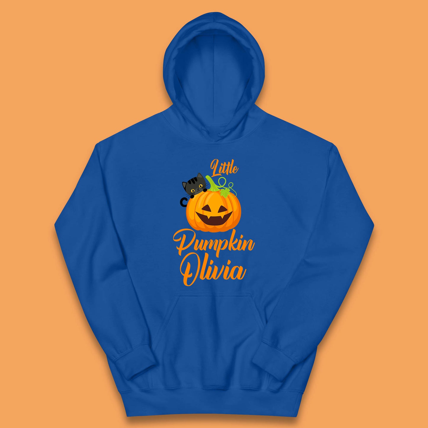 Personalised Little Pumpkin Your Name Black Cat Witch On Pumpkin Kids Hoodie