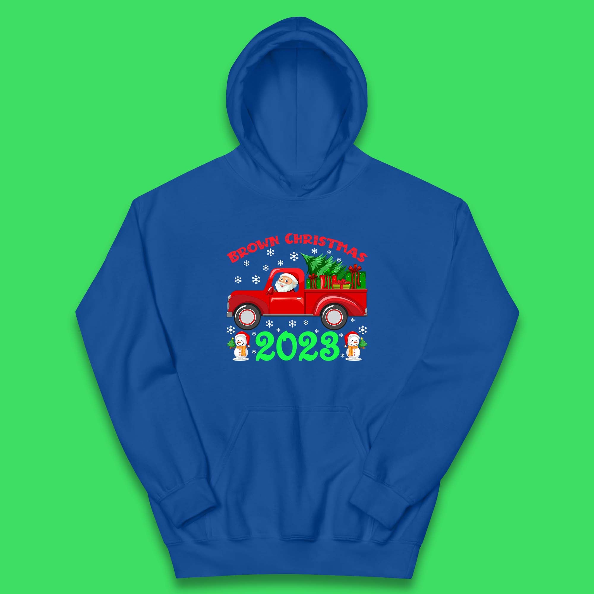 Brown Christmas 2023 Santa Claus Driving Truck With Christmas Tree To Delivery Christmas Gifts Xmas Kids Hoodie