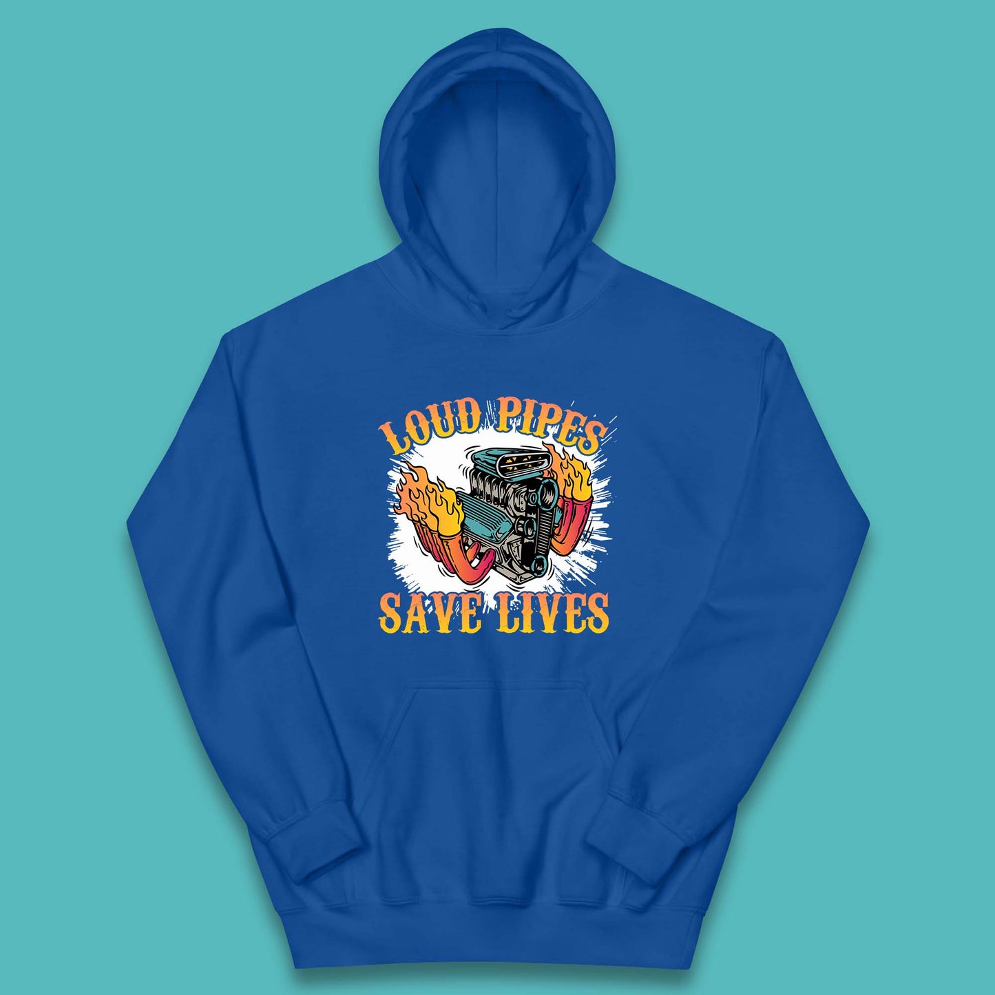 Loud Pipes Save Lives Hot Rod Motor Vehicle Flaming Engine Kids Hoodie