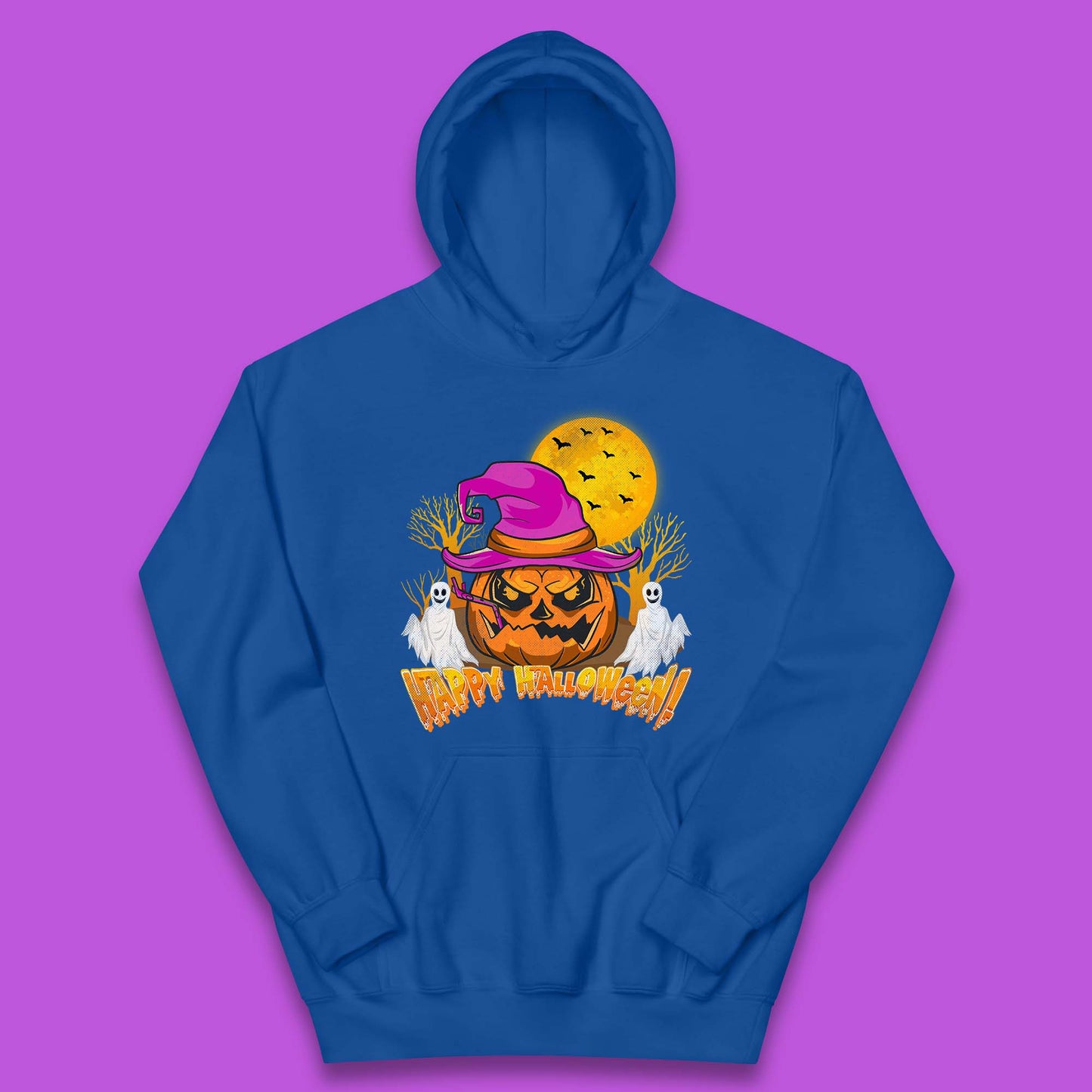 Happy Halloween Pumpkin Witch Hat Jack-o'-lantern With Full Moon Flying Bats Horror Scary Boo Ghost Kids Hoodie