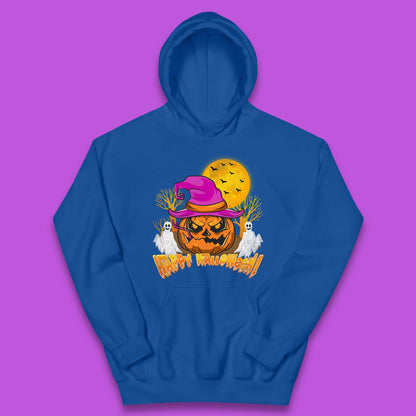 Happy Halloween Pumpkin Witch Hat Jack-o'-lantern With Full Moon Flying Bats Horror Scary Boo Ghost Kids Hoodie