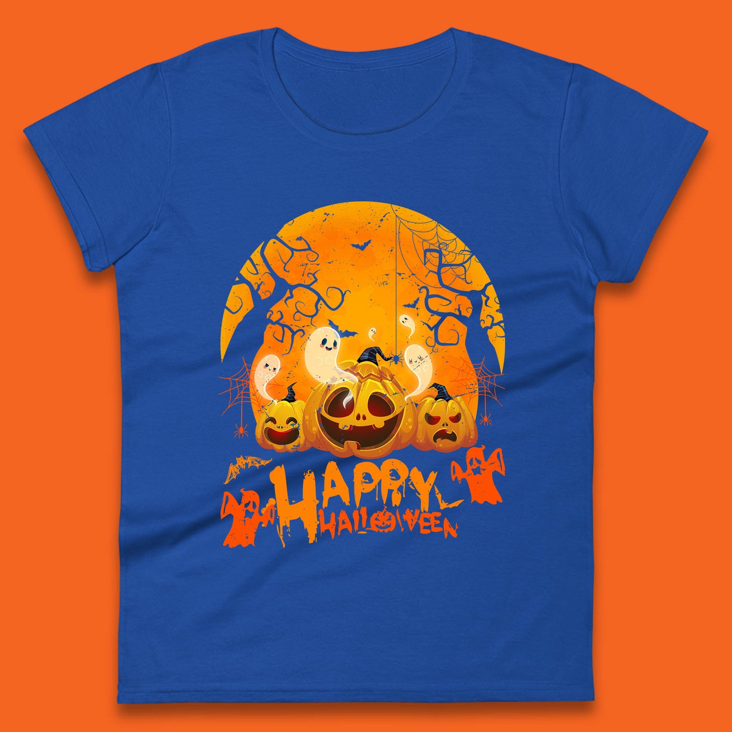 Happy Halloween Jack O Lantern Pumpkins Scary Boo Ghost Haunted Trees Womens Tee Top