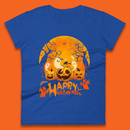 Happy Halloween Jack O Lantern Pumpkins Scary Boo Ghost Haunted Trees Womens Tee Top