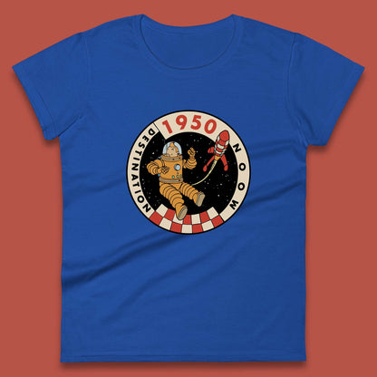 Destination Moon 1950 Astronaut Tintin The Lunar Rocket Retro Comic Space Adventure Womens Tee Top