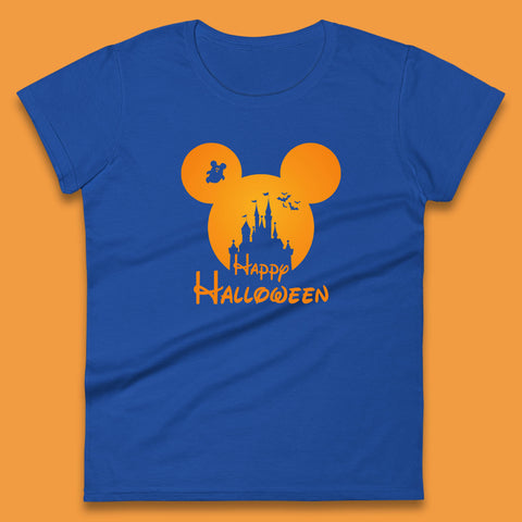 Happy Halloween Mickey Mouse Disney Castle Halloween Scary Boo Flying Bats Womens Tee Top
