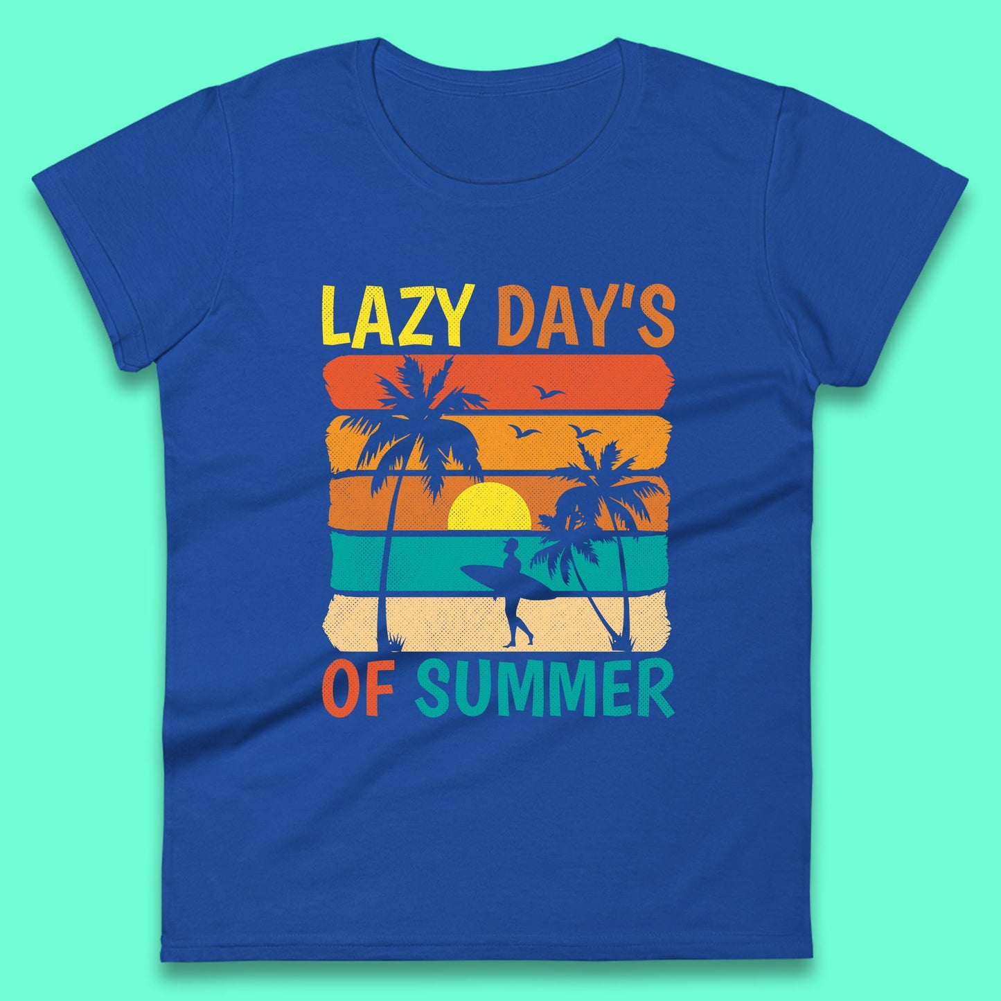 Lazy Days Of Summer Vintage Retro Sunset Surfer Beach Palm Trees Womens Tee Top