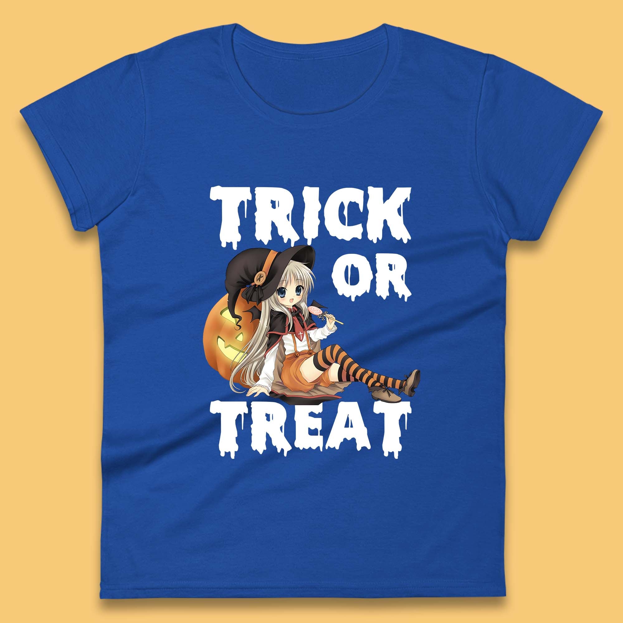 Trick Or Treat Halloween Witch Anime Horror Scary Pumpkin Halloween Costume Womens Tee Top