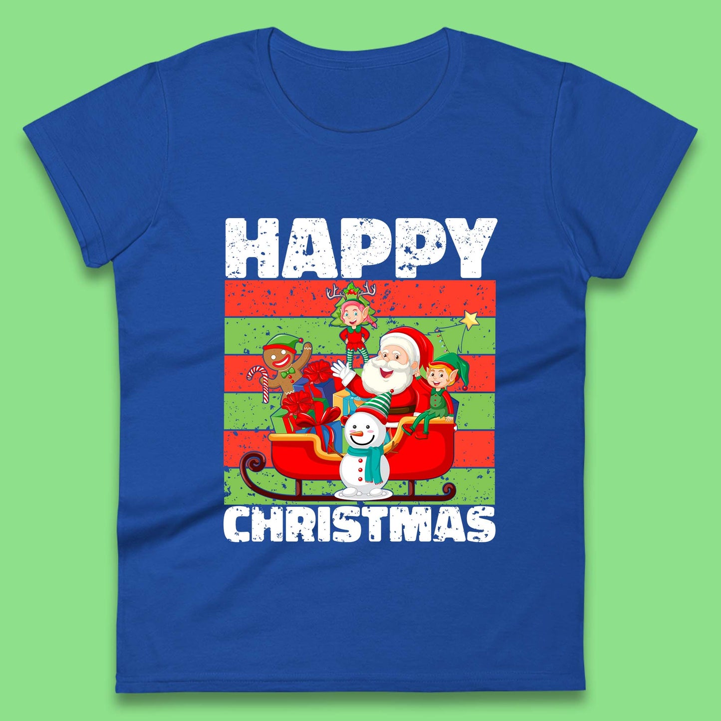 santa and friends on sleigh christmas womens t shirt