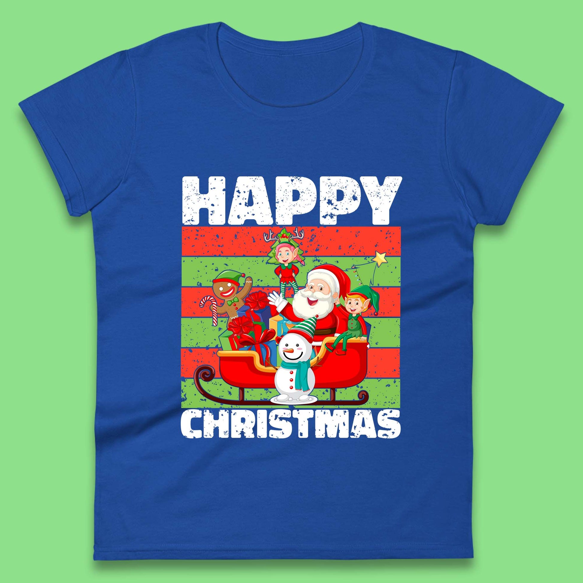 santa and friends on sleigh christmas womens t shirt