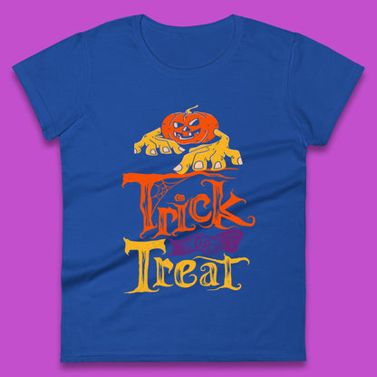 Halloween Trick Or Treat Horror Scary Evil Pumpkin With Zombie Hands Womens Tee Top