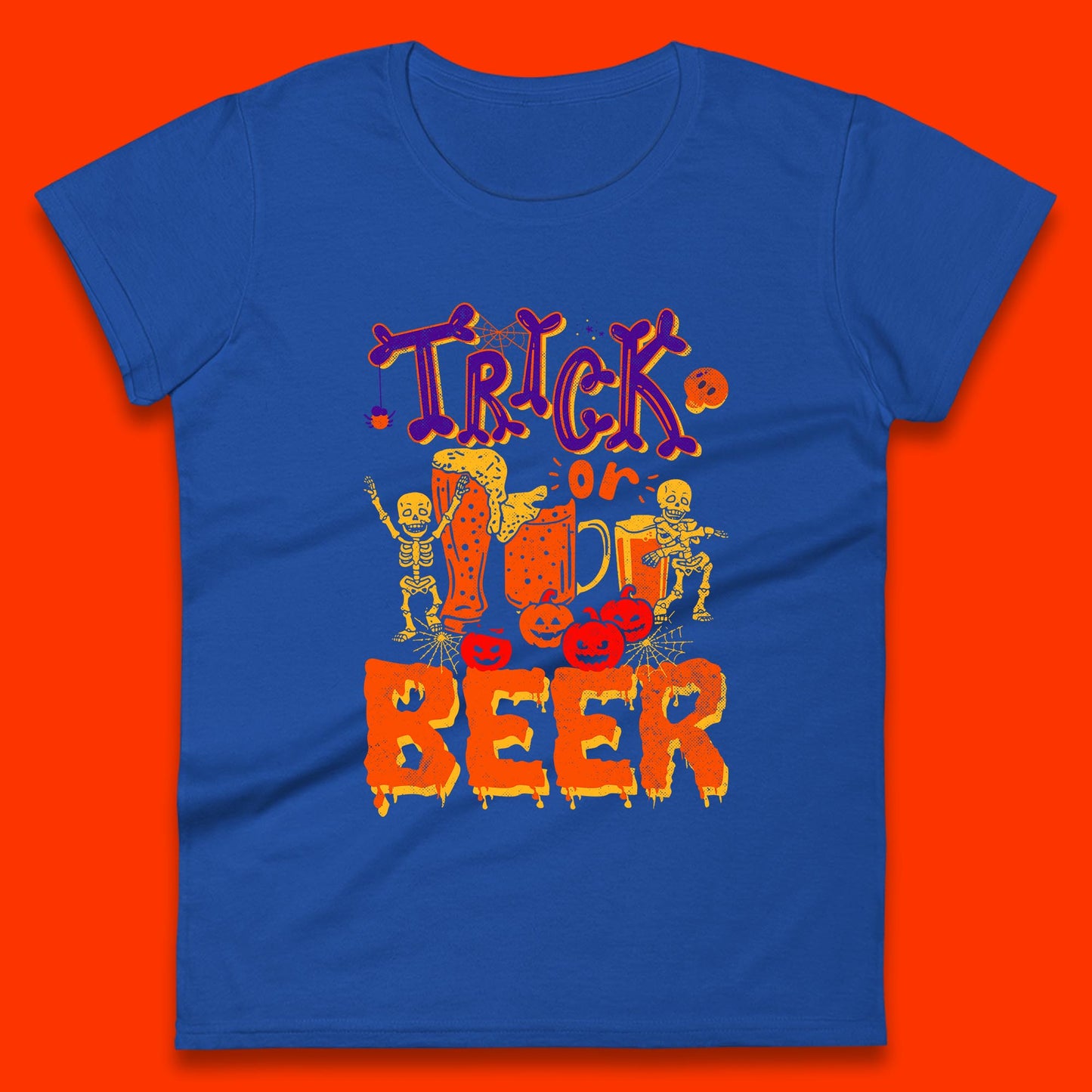 Trick Or Beer Halloween Drinking Beer Lover Dancing Skeleton Drinker Halloween Party Womens Tee Top
