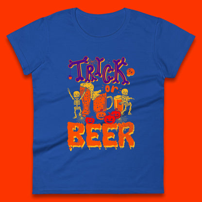 Trick Or Beer Halloween Drinking Beer Lover Dancing Skeleton Drinker Halloween Party Womens Tee Top