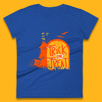 Trick Or Treat Halloween Terrific Abandoned Haunted House Flying Bats Womens Tee Top