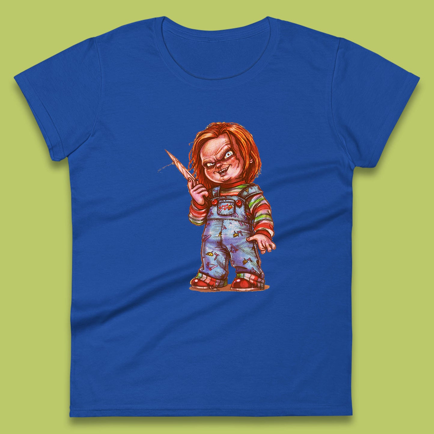 The Horror Movie Character Chucky With Knife Serial Killer Halloween Horror Movie Inspired Chucky Womens Tee Top