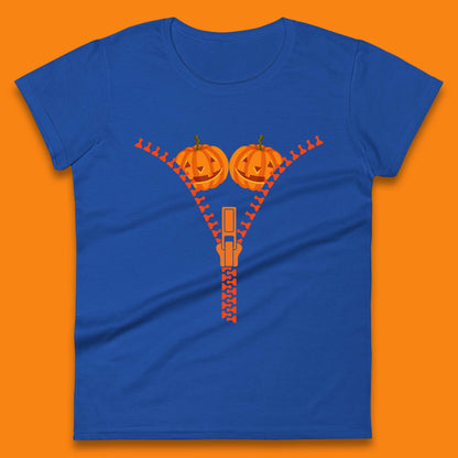 Pumpkin Boobies Zipper Happy Halloween Breast Costume Funny Zip Pumpkin Boobs Womens Tee Top
