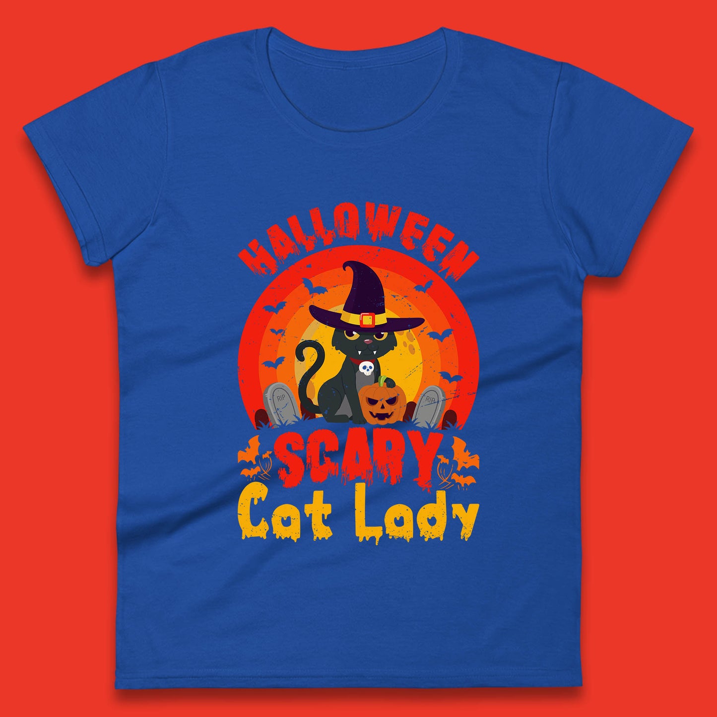 Halloween Scary Cat Lady Horror Spooky Witch Black Cat Lover Womens Tee Top