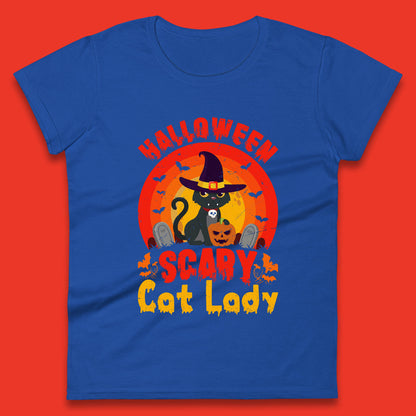 Halloween Scary Cat Lady Horror Spooky Witch Black Cat Lover Womens Tee Top
