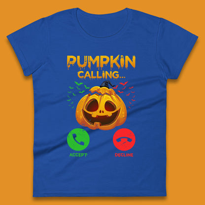 Halloween Pumpkin Calling Funny Phone Call Horror Scary Jack O Lantern Womens Tee Top