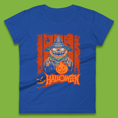 Halloween Pumpkin Head Scarecrow Jack O Lantern Pumpkin Head Horror Scary Vintage Retro Womens Tee Top