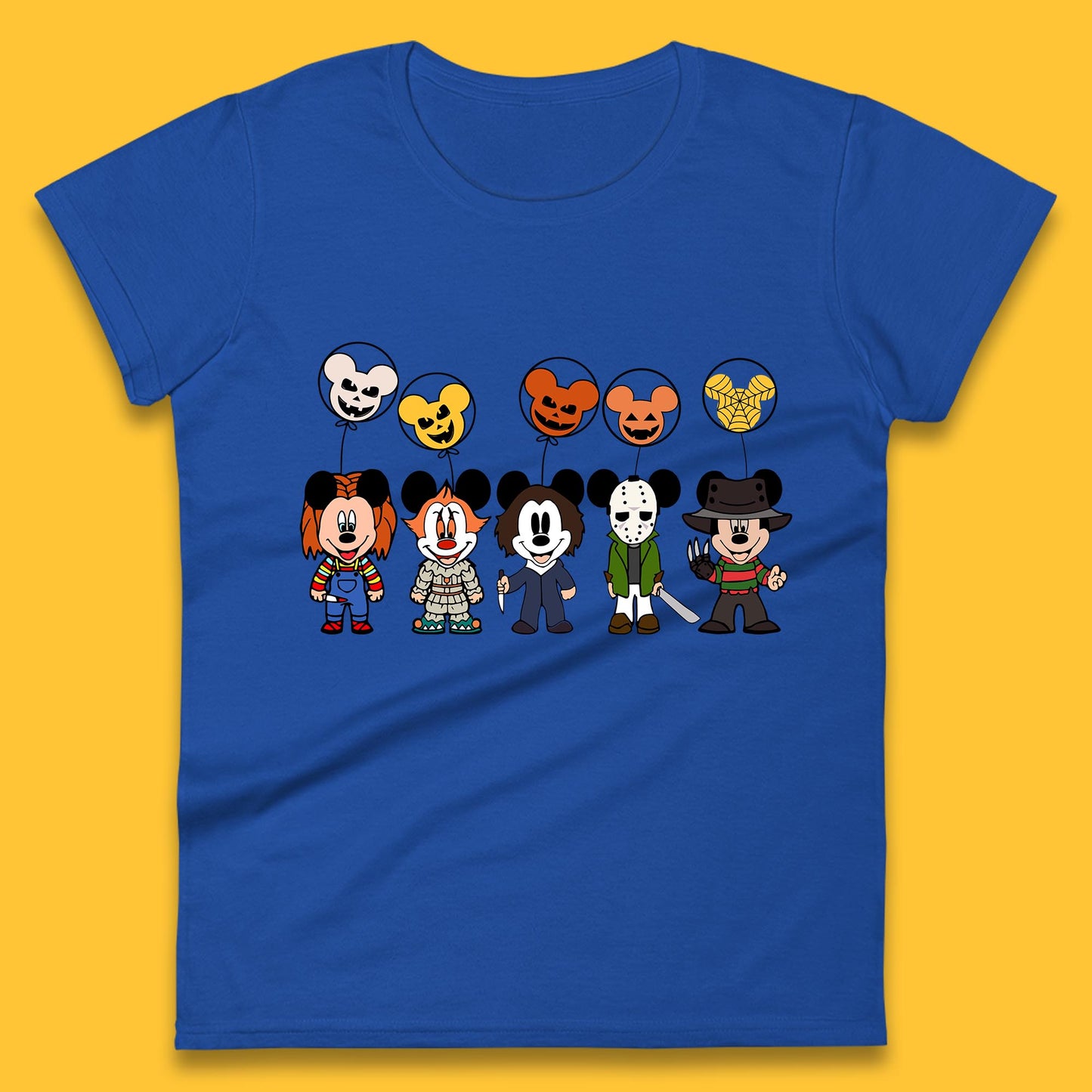Disney Halloween Friends Horror Movie Characters Mickey Mouse Balloons Womens Tee Top