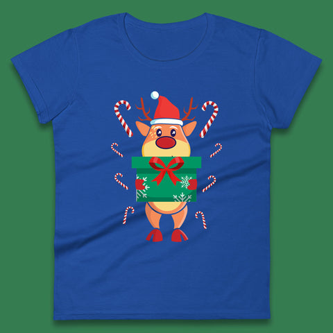 Cute Christmas Santa Reindeer Holding Gift Box Rudolph Xmas Candy Cane Womens Tee Top