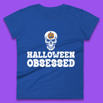 Skull Pumpkin Halloween Obsessed Funny Pumpkin Obsessed Party Spooky Season Womens Tee Top