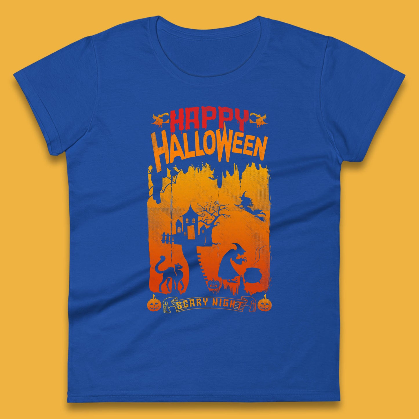 Happy Halloween Horror Hunted House Flying Witch Scary Spooky Night Womens Tee Top