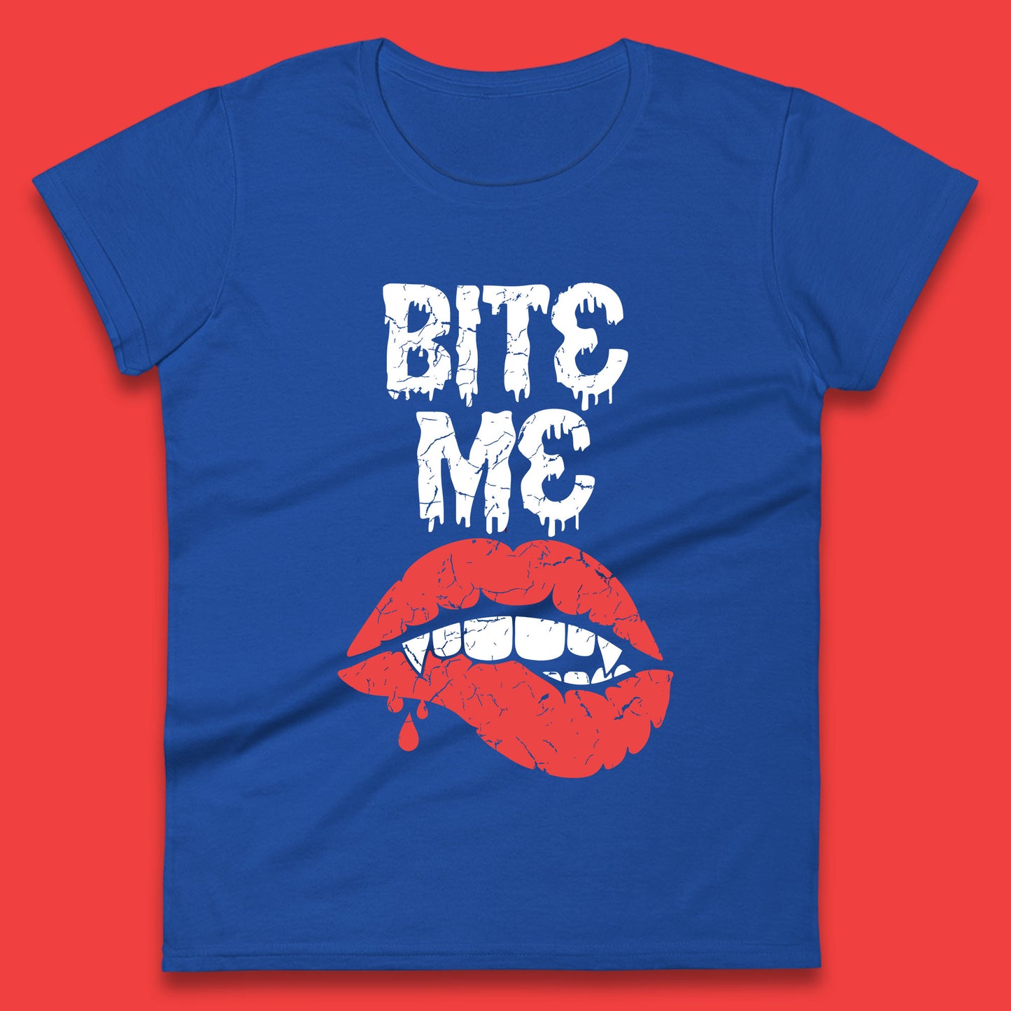 Bite Me Vampire Fangs Halloween Horror Lips Halloween Spooky Party Costume Womens Tee Top