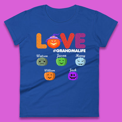 Personalised Love Grandma Life Your Name Halloween Grandma Witch Hat With Grandkids Names Womens Tee Top