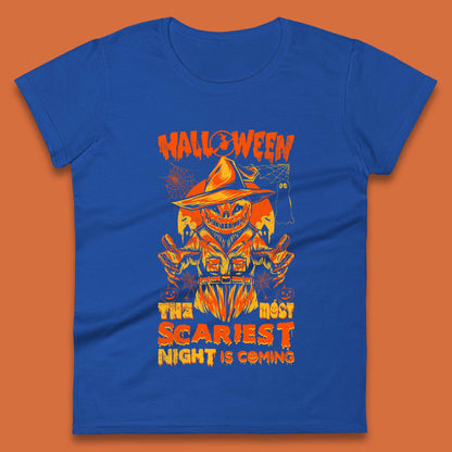 Halloween The Most Scariest Night Is Coming Halloween Scarecrow Jack O Lantern Scary Night Womens Tee Top