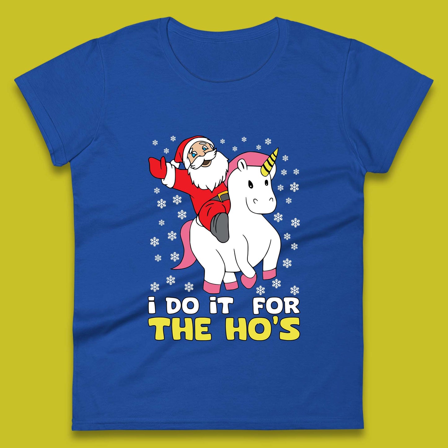 santa riding unicorn womens t shirt