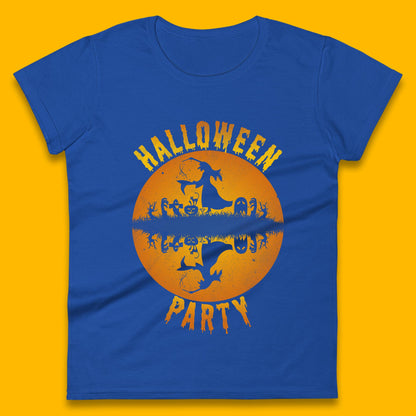 Halloween Party Flying Witch Horror Scary Spooky Season Scary Boo With Full Moon Womens Tee Top