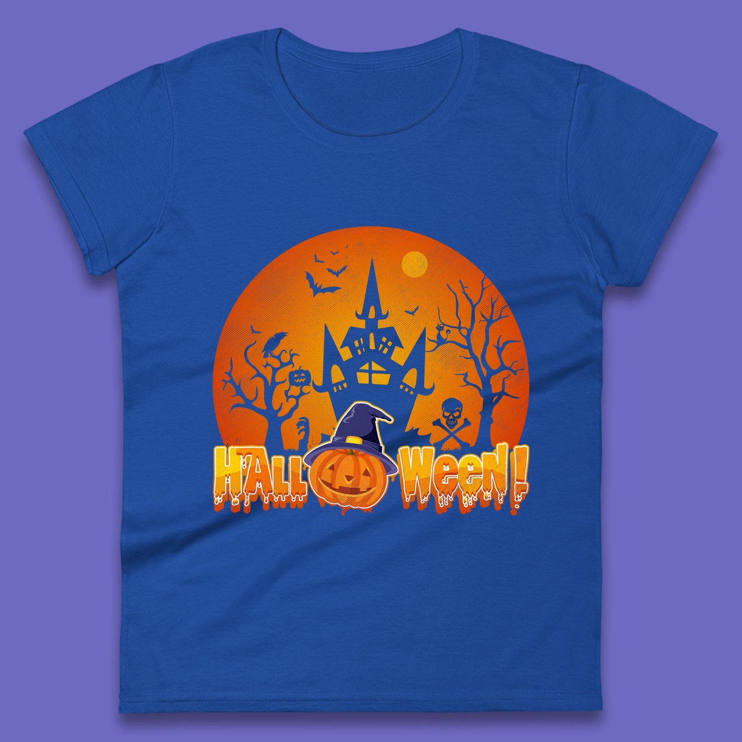 Halloween Pumpkin Witch Hat Haunted Castle Flying Bats Skull Bones Scary Dark Night Womens Tee Top