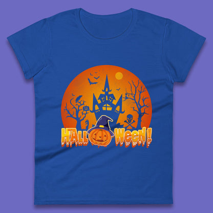 Halloween Pumpkin Witch Hat Haunted Castle Flying Bats Skull Bones Scary Dark Night Womens Tee Top