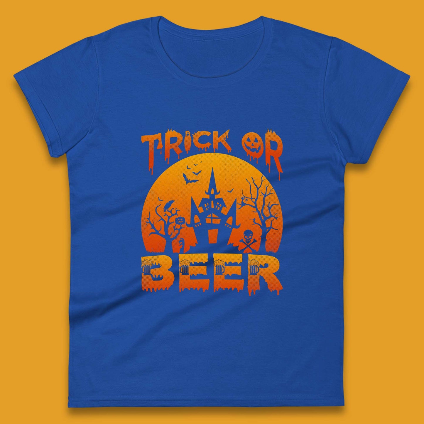 Trick Or Beer Halloween Drinking Beer Lover Horror Haunted House Drinker Halloween Party Womens Tee Top