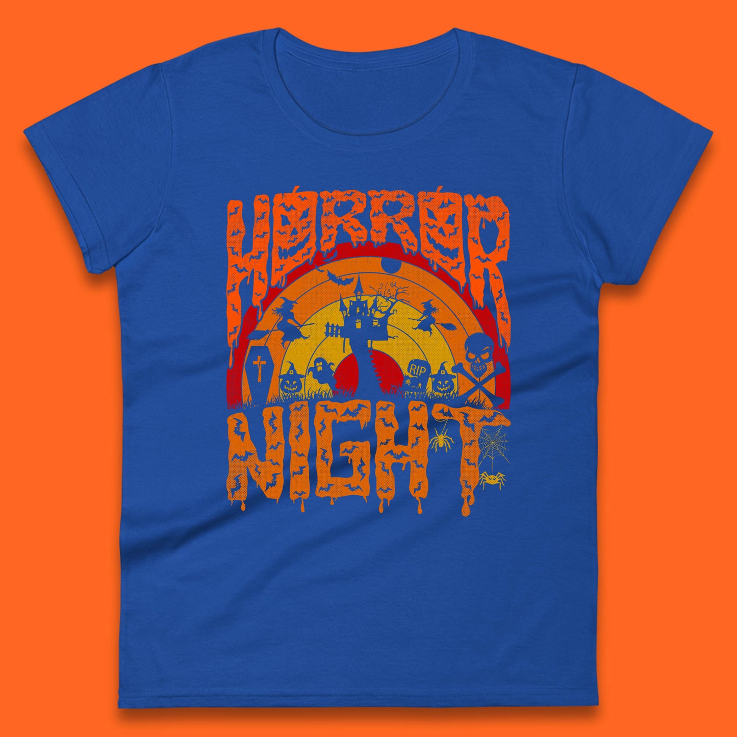 Halloween Horror Night Vintage Rainbow Flying witches Scary Boo Spooky Festive Night Womens Tee Top
