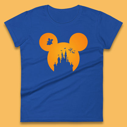 Disney Mickey Mouse Happy Halloween Disney Castle Halloween Scary Boo Flying Bats Womens Tee Top