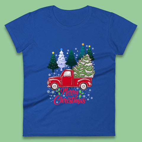 Merry Christmas Red Retro Truck With Christmas Tree Xmas Winter Holidays Decor Womens Tee Top